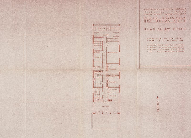 Projet d'école des beaux-arts : plan du deuxième étage, Patout, Dorian et Boille arch., 6 novembre 1954. (archives municipales de Tours, 4 M, boîte 650).