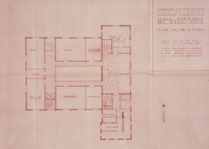 Projet d'école des beaux-arts : plan du premier étage, Patout, Dorian et Boille arch., 6 novembre 1954. (archives municipales de Tours, 4 M, boîte 650).