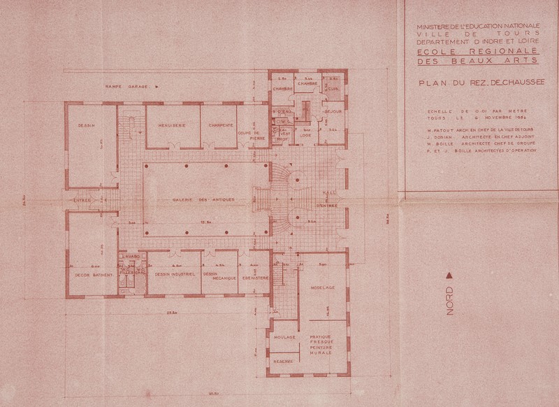Projet d'école des beaux-arts : plan du rez-de-chaussée, Patout, Dorian et Boille arch., 6 novembre 1954. (archives municipales de Tours, 4 M, boîte 650).