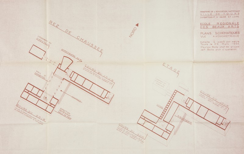 Projet d'école des beaux-arts : plans schématiques en axonométrie, Boille arch., 29 mars 1954. (archives municipales de Tours, 4 M, boîte 650).