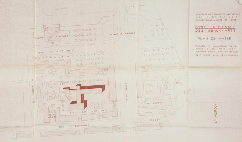 Projet d'école des beaux-arts : plan masse, Boille arch., 29 mars 1954 (archives municipales de Tours, 4 M, boîte 650).