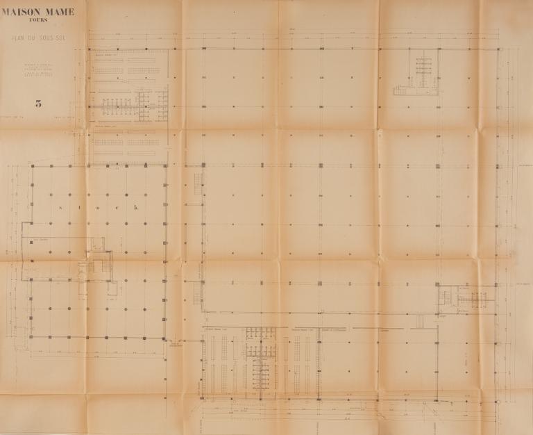 Plan du sous-sol, B. Zehrfuss et J. Drieu la Rochelle arch., 30 septembre 1949. (archives municipales de Tours, Permis de construire 1949/n°605).