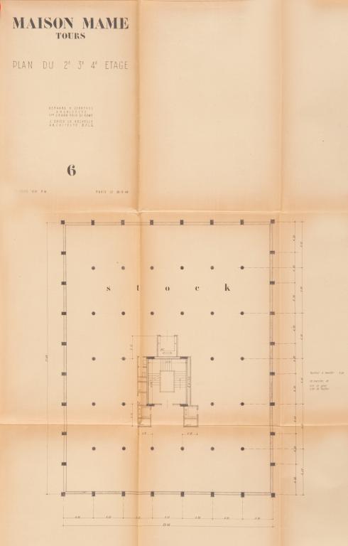 Plan des deuxième, troisième et quatrième étages, B. Zehrfuss et J. Drieu la Rochelle arch., 30 septembre 1949. (archives municipales de Tours, Permis de construire 1949/n°605).