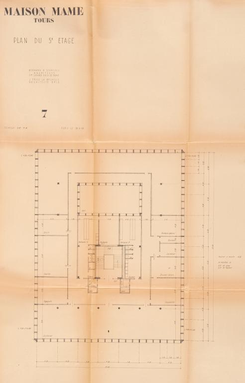 Plan du cinquième étage, B. Zehrfuss et J. Drieu la Rochelle arch., 30 septembre 1949. (archives municipales de Tours, Permis de construire 1949/n°605).