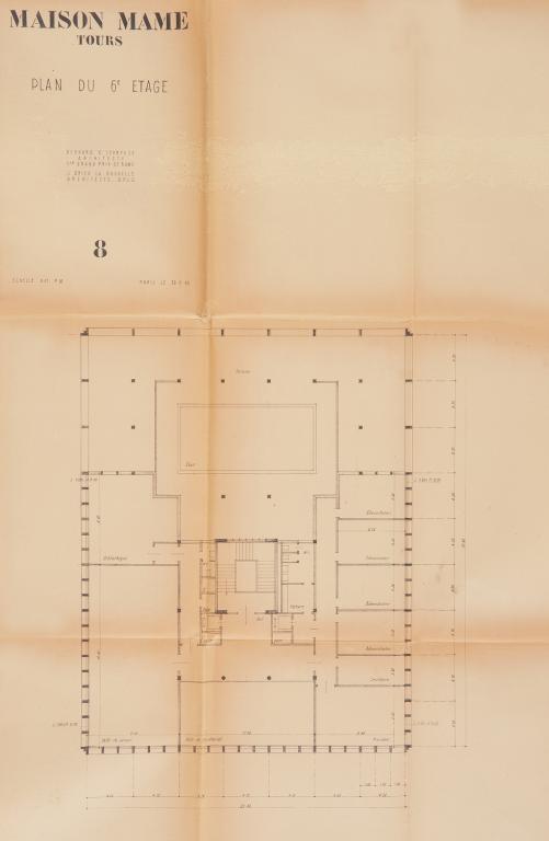 Plan du sixième étage, B. Zehrfuss et J. Drieu la Rochelle arch., 30 septembre 1949. (archives municipales de Tours, Permis de construire 1949/n°605).