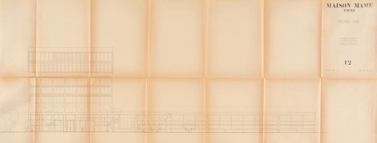 Elévation de la façade sud, B. Zehrfuss et J. Drieu la Rochelle arch., 30 septembre 1949. (archives municipales de Tours, Permis de construire 1949/n°605).