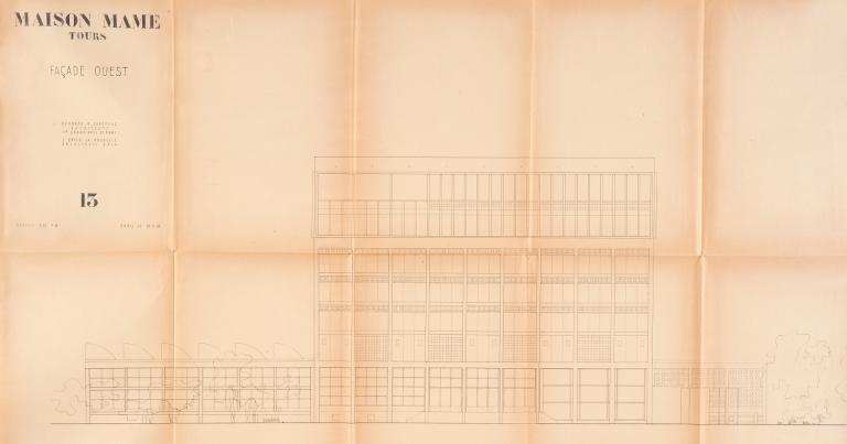 Elévation de la façade ouest, B. Zehrfuss et J. Drieu la Rochelle arch., 30 septembre 1949. (archives municipales de Tours, Permis de construire 1949/n°605).