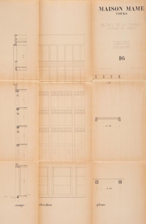 Détail d'une travée du bâtiment des stocks, B. Zehrfuss et J. Drieu la Rochelle arch., 30 septembre 1949. (archives municipales de Tours, Permis de construire 1949/n°605).