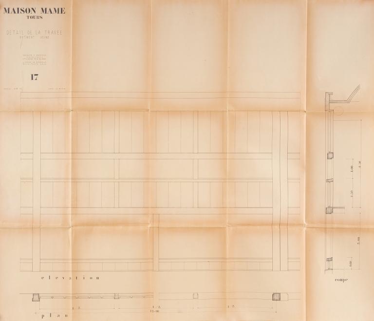 Détail d'une travée du bâtiment usine, B. Zehrfuss et J. Drieu la Rochelle arch., 30 septembre 1949. (archives municipales de Tours, Permis de construire 1949/n°605).