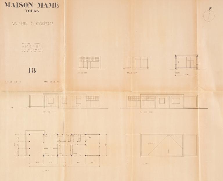 Pavillon du concierge en plans, coupe et élévations, B. Zehrfuss et J. Drieu la Rochelle arch., 30 septembre 1949. (archives municipales de Tours, Permis de construire 1949/n°605).