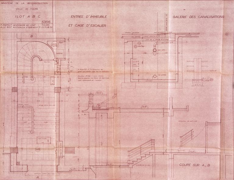 Détails du hall d'entrée d'un immeuble et coupe sur la galerie des canalisations, A. Le Roy arch., 5 octobre 1953. (archives municipales de Tours, Permis de construire 1953/n°432).