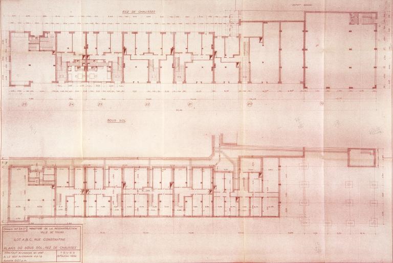 Plans du sous-sol et du rez-de-chaussée, A. Le Roy arch., 18 février 1954. (archives municipales de Tours, Permis de construire 1954/n°186).
