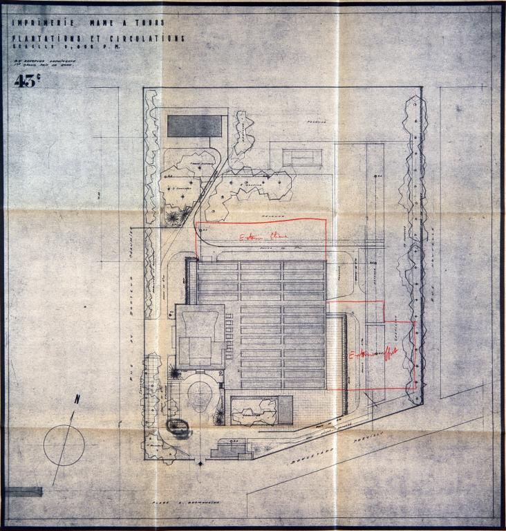 Plan masse avec projet d'extension au nord et à l'est, [J. Marconnet arch. ?], [1963]. (archives privées du groupe Serge Laski, établissements Mame).