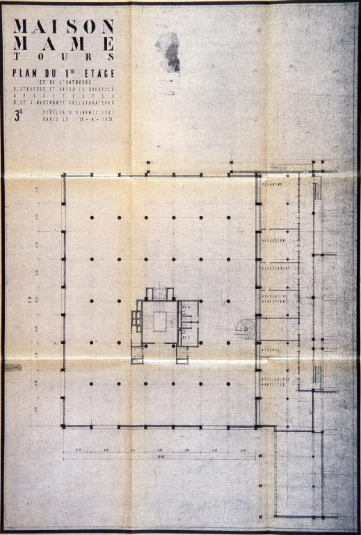 Plan de l'entresol et du premier étage, B. Zehrfuss, J. Drieu la Rochelle, R. et J. Marconnet arch., 14 avril 1951. (archives privées du groupe Serge Laski, établissements Mame).