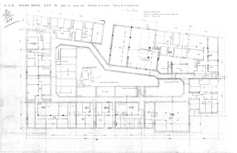 Plan du sous-sol, P. Boille arch., 5 novembre 1953. (archives municipales de Tours, Permis de construire 1954/n°147).