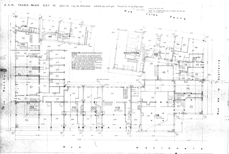 Plan du rez-de-chaussée, P. Boille arch., 5 novembre 1953. (archives municipales de Tours, Permis de construire 1954/n°147).