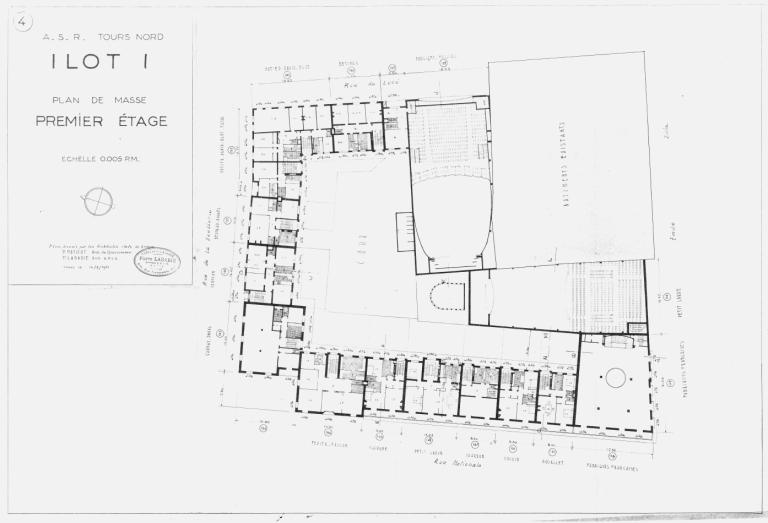 Plan masse du premier étage, P. Patout et P. Labadie arch., 14 décembre 1951. (archives municipales de Tours, Permis de construire 1952/n°2).