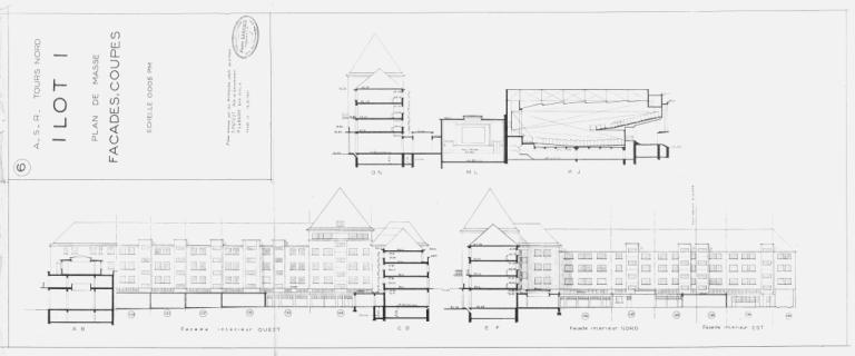 Façades sur cour et coupes, P. Patout et P. Labadie arch., 14 décembre 1951. (archives municipales de Tours, Permis de construire 1952/n°2).