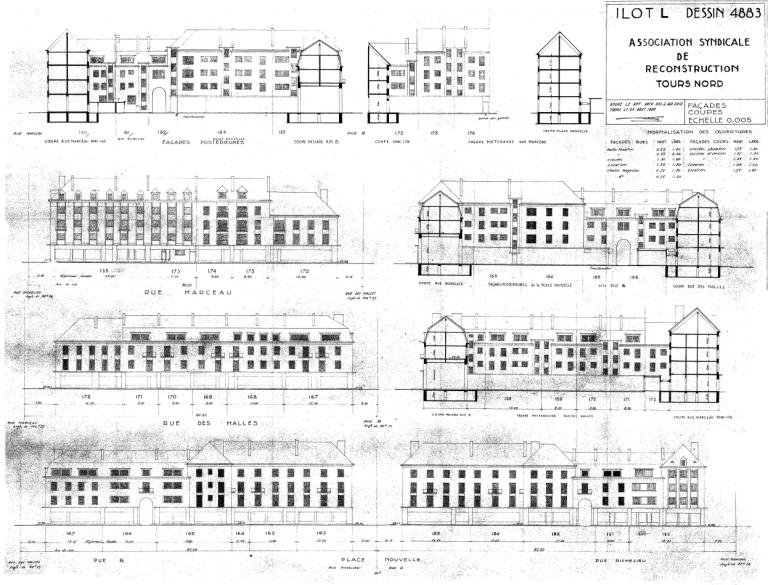 Elévations et coupes de l'îlot L, A. Le Roy arch., 25 août 1948. (archives municipales de Tours, Permis de construire 1949/n°91).