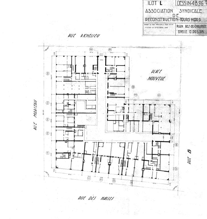 Plan du rez-de-chaussée, A. Le Roy arch., 27 octobre 1948. (archives municipales de Tours, Permis de construire 1949/n°91).