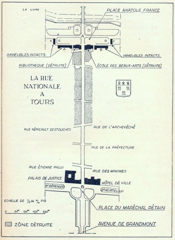 Plan de la rue Nationale et des bâtiments sinistrés, 1942. (archives municipales de Tours, 770).