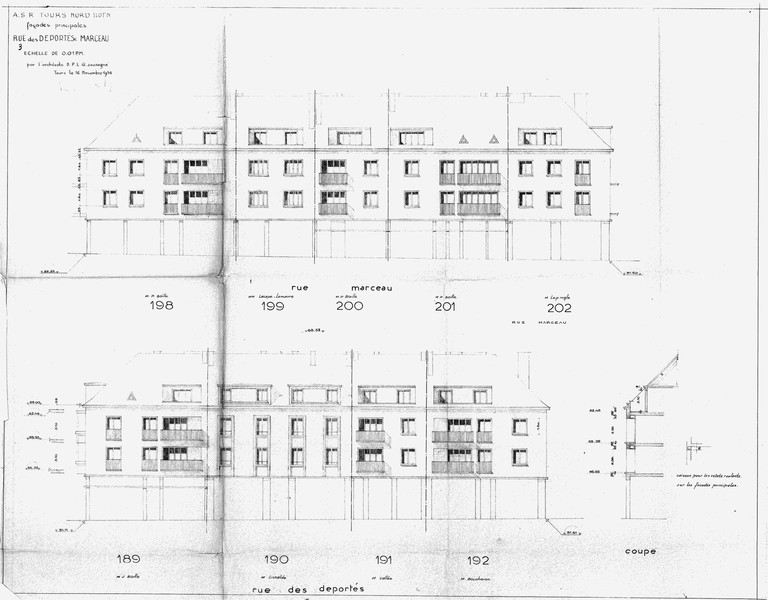 Elévations des façades rue des Déportés et rue Marceau, J. Boille arch., 16 novembre 1954. (archives municipales de Tours, Permis de construire 1954/n°842).