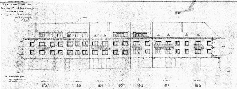 Elévation des façades rue des Halles, J. Boille arch., 16 novembre 1954. (archives municipales de Tours, Permis de construire 1954/n°842).