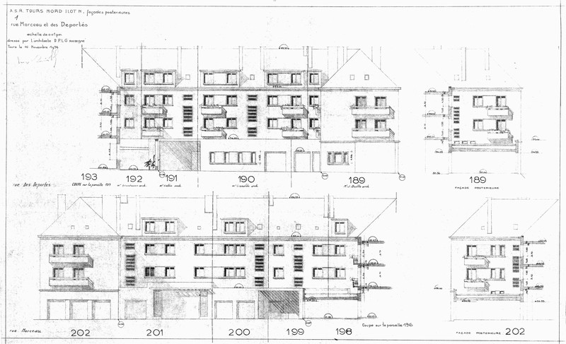 Elévations des façades postérieures rue des Déportés et rue Marceau, J. Boille arch., 16 novembre 1954. (archives municipales de Tours, Permis de construire 1954/n°842).