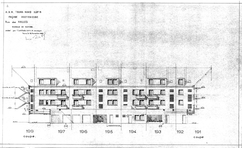 Elévation des façades postérieures rue des Halles, J. Boille arch., 16 novembre 1954. (archives municipales de Tours, Permis de construire 1954/n°842).
