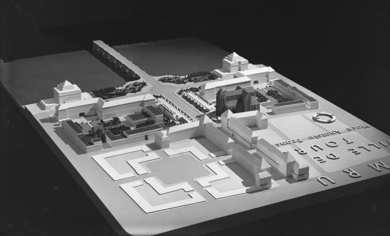 Vue de la maquette de l'entrée nord, 1952. (ministère de l'écologie, du développement durable, des transports et du logement, Fonds M.R.U., cliché n°17864).