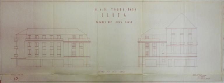Elévation des façades rue Jules-Favre, P. Labadie arch., 30 juin 1954. (archives municipales de Tours, 149 W 16, îlot G).