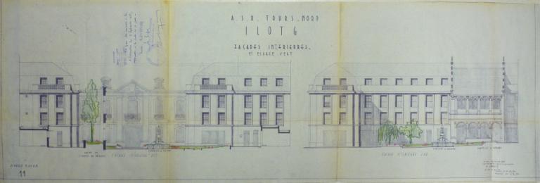 Elévation des façades intérieures et aménagement de l'espace vert, P. Labadie arch., 1er août 1956. (archives municipales de Tours, 149 W 16, îlot G). ; Façades intérieures et espace vert, P. Labadie arch., 1er août 1956. (archives municipales de Tours, 149 W 16, îlot G).