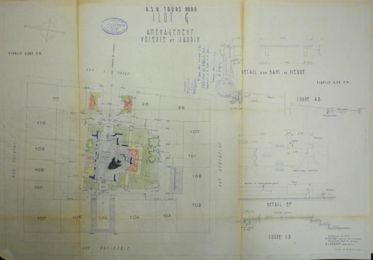Plan d'aménagement de la voirie et du jardin, P. Patout et P. Labadie arch., 3 avril 1956. (archives municipales de Tours, 149 W 16, îlot G).