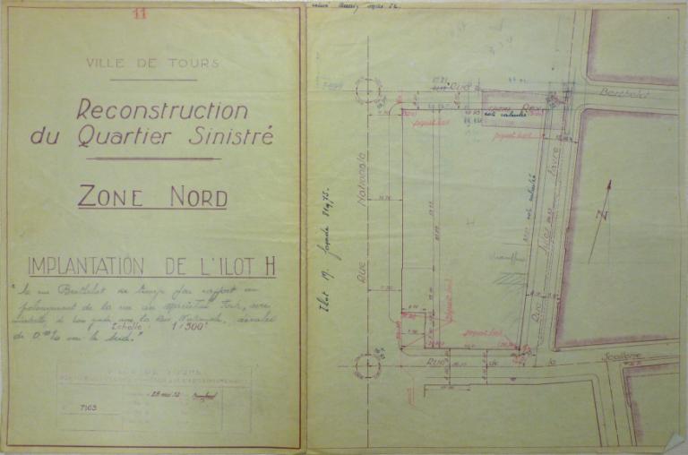 Plan d'implantation de l'îlot, 28 mai 1952. (archives municipales de Tours, 149 W 16, îlot H).