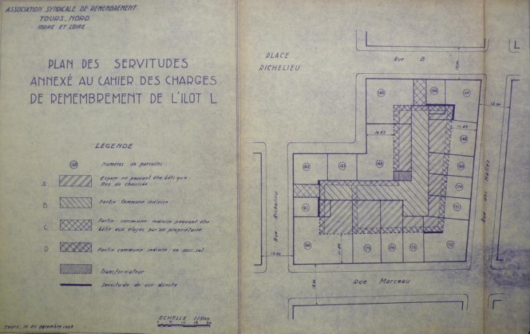 Plan des servitudes annexé au cahier des charges du remembrement de l'îlot, 20 décembre 1948. (archives municipales de Tours, 149 W 17, îlot L).