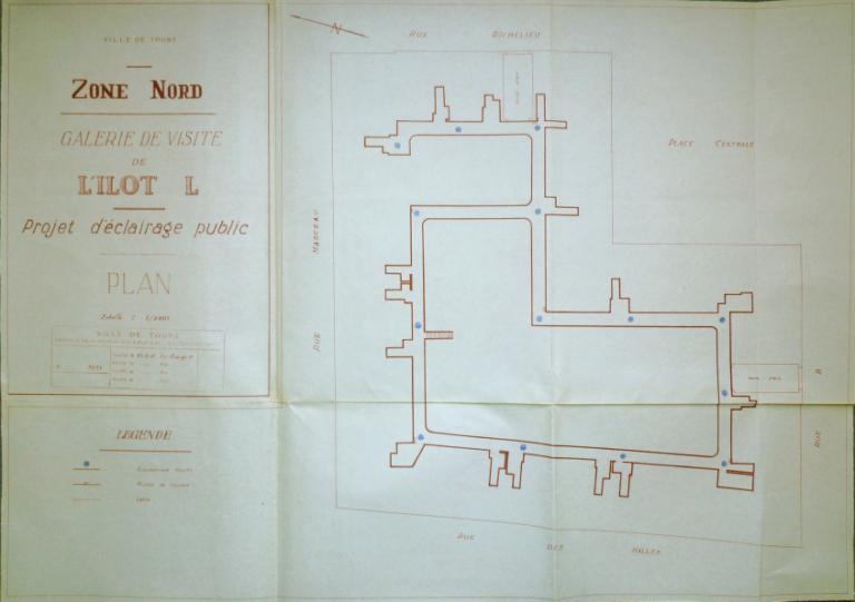 Plan de la galerie technique, 21 mars 1951. (archives municipales de Tours, 149 W 9). ; Plan de la galerie technique de l'îlot L, 21 mars 1951. (archives municipales de Tours, 149 W 9).