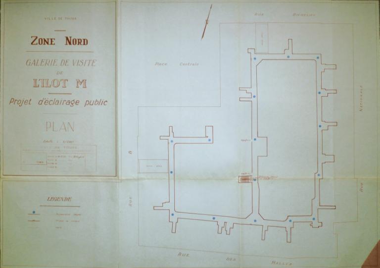 Plan de la galerie technique de l'îlot M, 21 mars 1951. (archives municipales de Tours, 149 W 9). ; Plan de la galerie technique, 21 mars 1951. (archives municipales de Tours, 149 W 9).