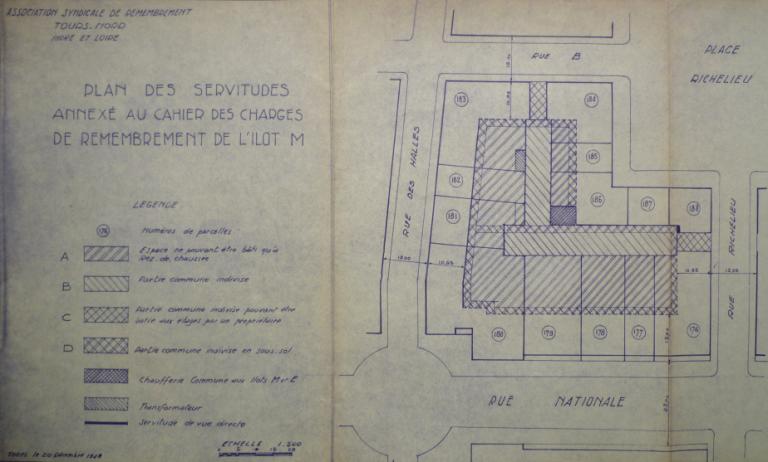 Plan des servitudes annexé au cahier des charges du remembrement de l'îlot, 20 déc. 1948. (archives municipales de Tours, 149 W 17, îlot M).