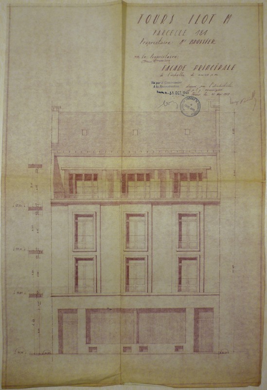 Elévation de la façade principale, J. Boille arch., 31 mai 1949. (archives municipales de Tours, Permis de construire 1949/n°251).