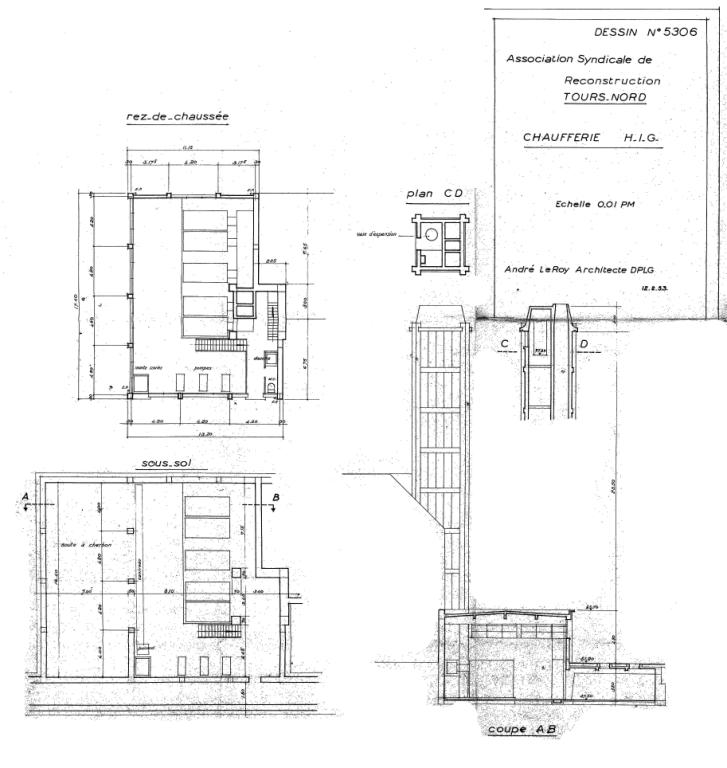 Plans et coupe de la chaufferie commune, A. Le Roy arch., [1953]. (archives municipales de Tours, Permis de construire 1953/n°431).