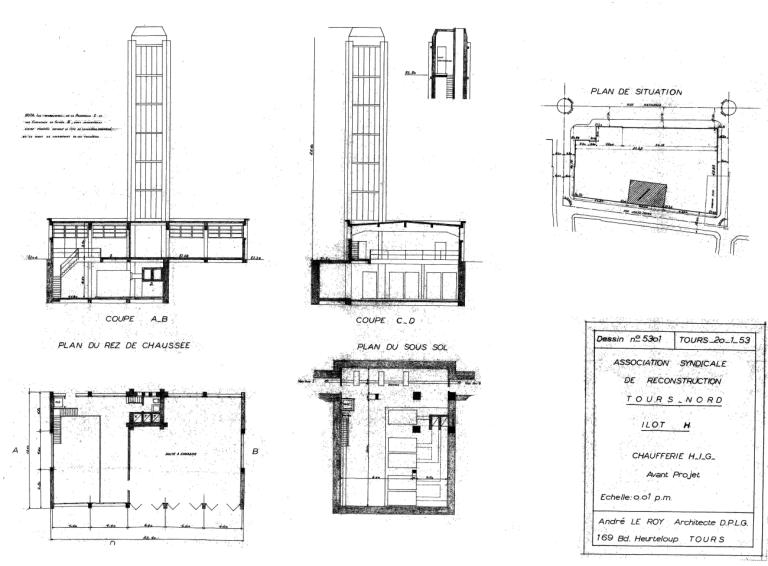 Plans et coupe de la chaufferie commune (avant-projet), A. Le Roy arch., 20 janvier 1953. (archives municipales de Tours, Permis de construire 1953/n°431).