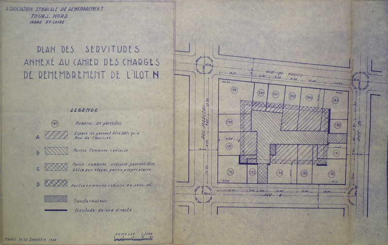 Plan des servitudes annexé au cahier des charges du remembrement de l'îlot, 20 décembre 1948. (archives municipales de Tours, 149 W 17, îlot N).