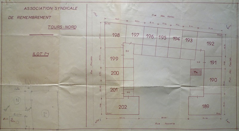 Plan de remembrement de l'îlot, [1954]. (archives municipales de Tours, 149 W 17, îlot N).