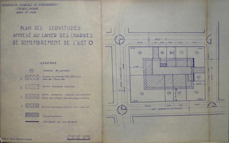 Plan des servitudes annexé au cahier des charges du remembrement de l'îlot, 20 décembre 1948. (archives municipales de Tours, 149 W 17, îlot O).