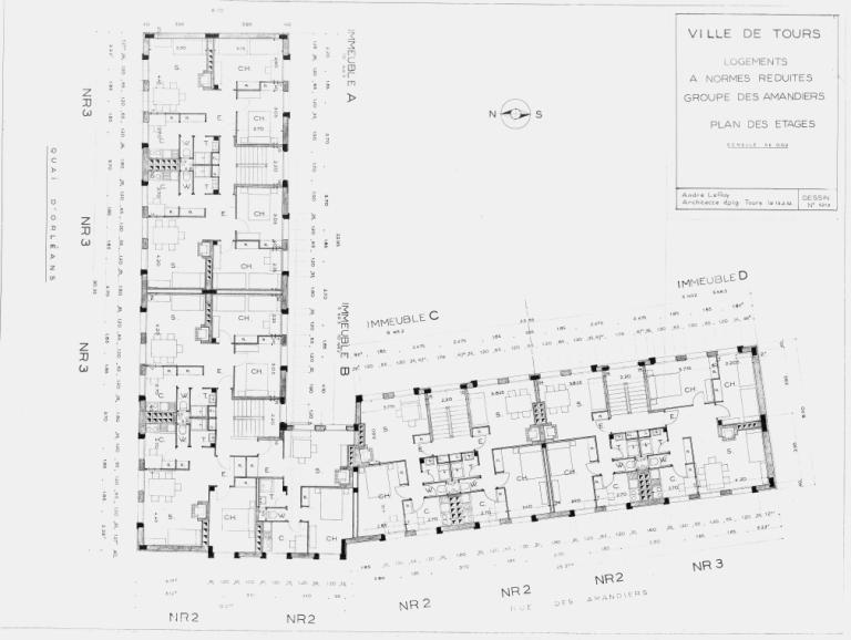 Plan des étages, Le Roy arch., 15 février 1952. (archives municipales de Tours, Permis de construire 1952/n°128).