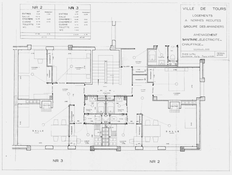 Plan d'étage d'un immeuble : détail des aménagements intérieurs, Le Roy arch., 15 février 1952. (archives municipales de Tours, Permis de construire 1952/n°128).