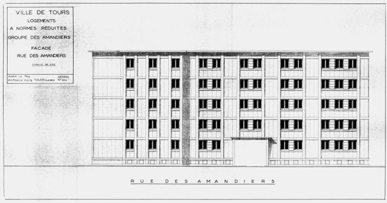 Elévation de la façade rue des Amandiers, Le Roy arch., 15 février 1952. (archives municipales de Tours, Permis de construire 1952/n°128).