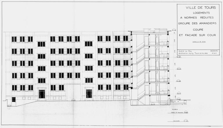 Coupe sur aile nord et élévation de la façade postérieure ouest, Le Roy arch., 15 février 1952. (archives municipales de Tours, Permis de construire 1952/n°128).