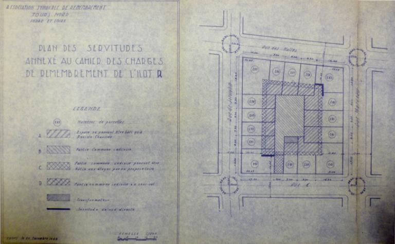 Plan des servitudes annexé au cahier des charges du remembrement de l'îlot, 20 décembre 1948. (archives municipales de Tours, 149 W 19, îlot R).