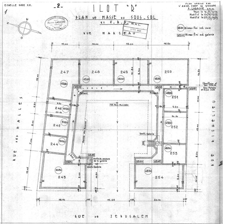 Plan masse du sous-sol, P. Labadie arch., 1959 (archives municipales de Tours, Permis de construire 1959/n°1047).